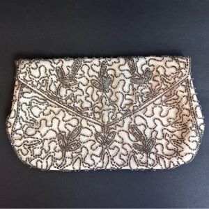 Vintage Walborg Belgium Hand Beaded Evening Clutch Ivory Silver Beads